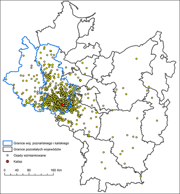 Mapa 2. Miejscowości wzmiankowane w księgach grodzkich i ziemskich powiatu kaliskiego z przełomu lat 80. i 90. XVI w. objętych projektem.